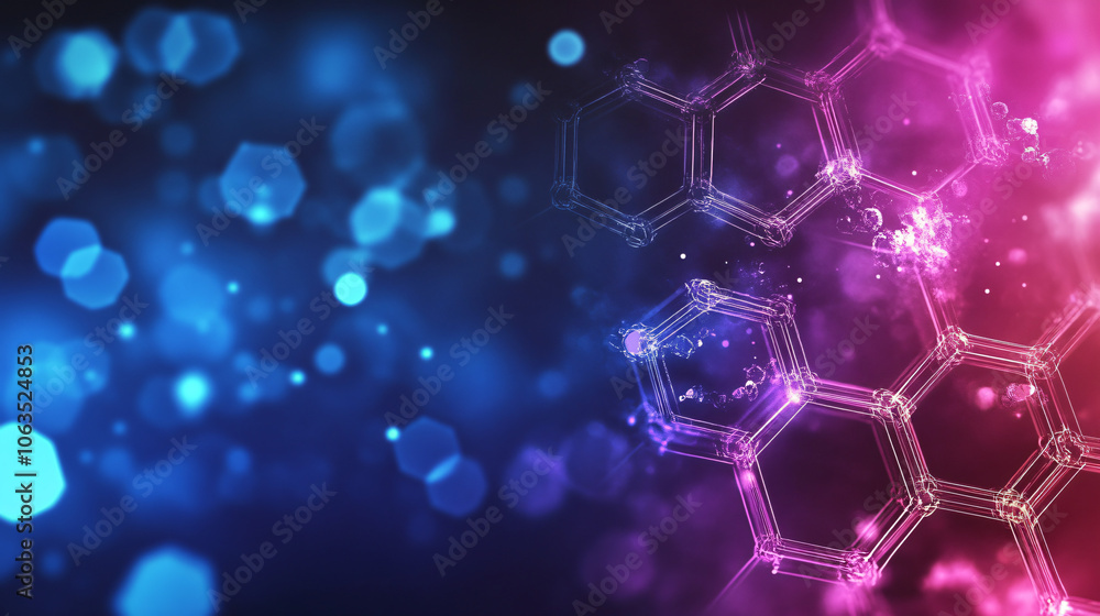 Leinwandbilder abstract blue and pink background with floating hexagon shape molecules is perfect for any science o