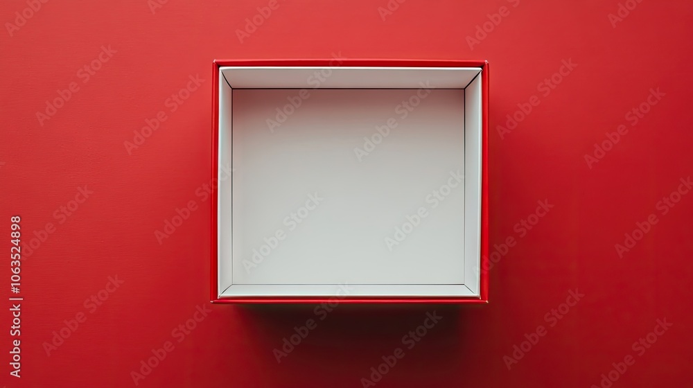 Poster top view of an empty box in white and red, adorned with illustrations. this high-quality image of th