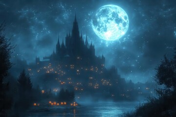 gothic castle looming under a full moon silhouette highlighted by the eerie glow of jackolanterns scattered around casting an enchanting and haunting atmosphere on a crisp halloween night