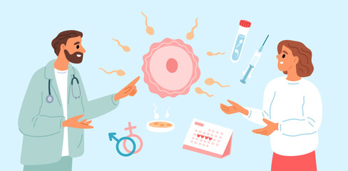 Family planning. Gynecologist advises woman. Conception preparation. Pregnancy, fertility and reproductive function. Doctors consultation. Prenatal examining. Garish vector concept