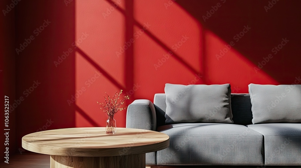 Poster a round wooden coffee table creates an elegant atmosphere next to a grey sofa, complemented by a dee
