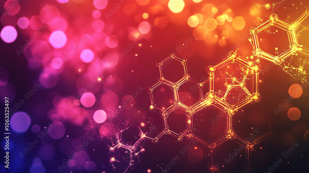 Poster colorful abstract background with floating molecules and bokeh effect