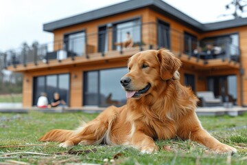 Golden retriever relaxing on lawn with children playing in background, space for text inscriptions