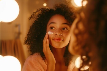 Young woman applying skincare cream in warm lighting