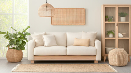 A cozy living room featuring light colored sofa adorned with various cushions, complemented by natural elements like woven pendant light, plant, and rattan furniture