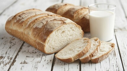 Naklejka premium Artisan bread, sliced and served with a glass of milk on a weathered white wooden surface