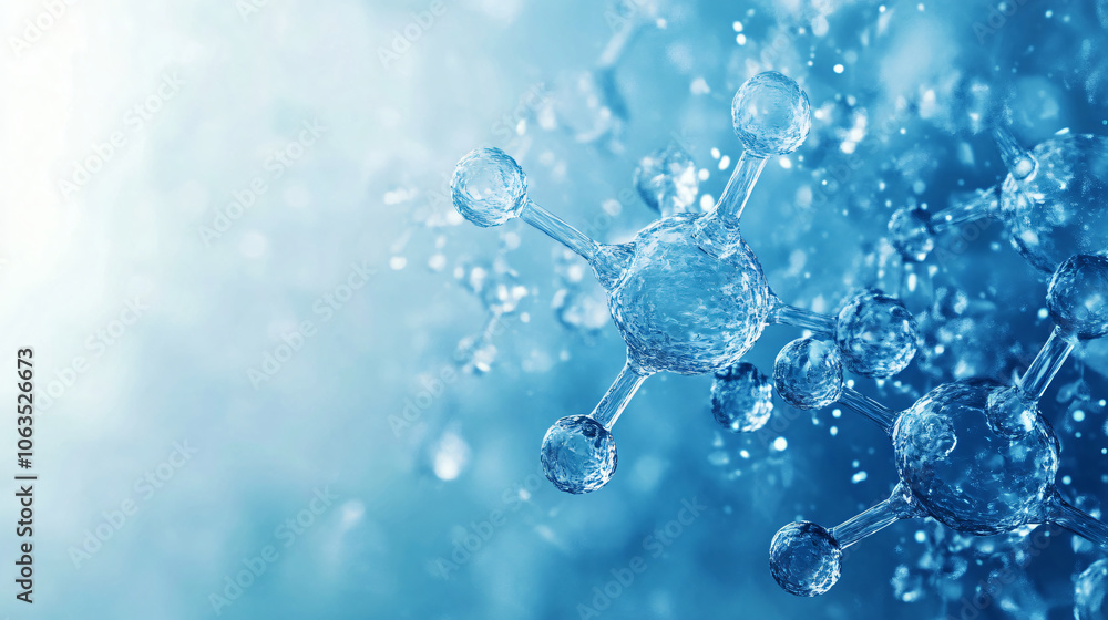 Poster abstract crystal molecule structure is glowing on blue background with shallow depth of field