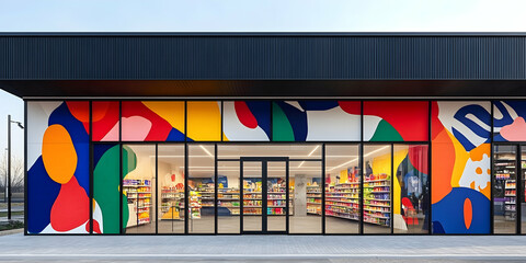 A creatively designed minimart facade featuring vibrant abstract murals and large windows for a modern and fresh appearance presented in 4K high-quality resolution-