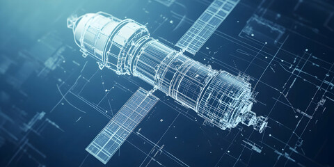 A detailed technical blueprint of a satellite highlighting aerospace engineering presented in 4K high-quality resolution-