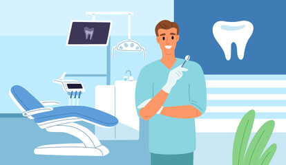Dentist in office. Doctor with stomatological tools. Professional chair. Sore tooth snapshot. Oral care. Molar treatment. Dental consultation. Hospital cabinet. Garish vector concept