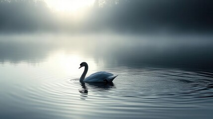Fototapeta premium graceful swan gliding on a serene lake ripples forming around it the monochrome palette adds an elegant touch with soft light reflecting off the waters surface for a tranquil scene