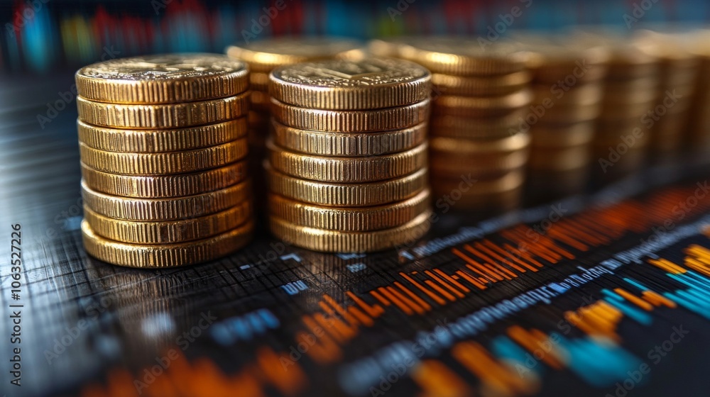 Poster golden coins are neatly stacked on a surface featuring digital data that indicates fluctuations in f