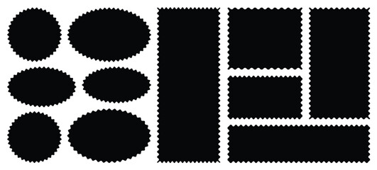 Zigzag edges set. Torn paper, jagged rectangular shape box element set with zigzag edges. Silhouette stickers circle, square, oval and rectangle labels.