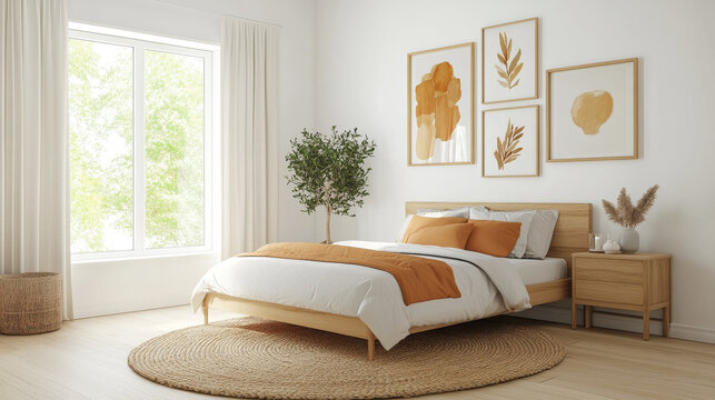 A serene bedroom featuring wooden bed with orange accents, surrounded by nature inspired decor and soft natural light. space exudes calmness and warmth