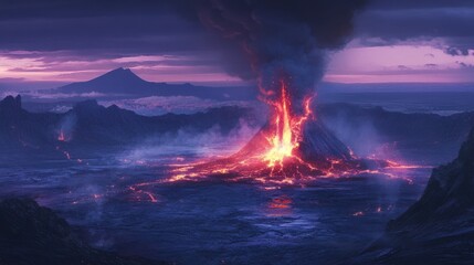 Fototapeta premium A volcanic eruption at dusk, with glowing lava fountains