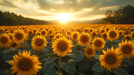 Obraz premium Field of blooming sunflowers natural beauty, sunny vibes