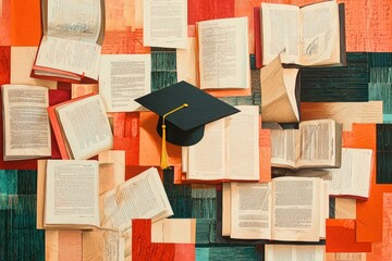 Obraz premium Graduation Cap and Open Books Collage Background