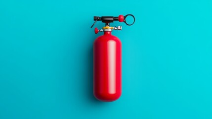 red fire extinguisher, red oxygen cylinder  isolated on a blue background.	
