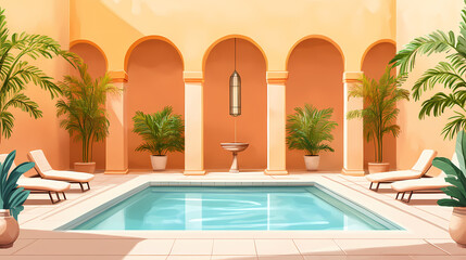 Obraz premium A pool with a tan wall and a tan ceiling. there are two lounge chairs in the pool area. Arabic Courtyard Fountain. Illustration