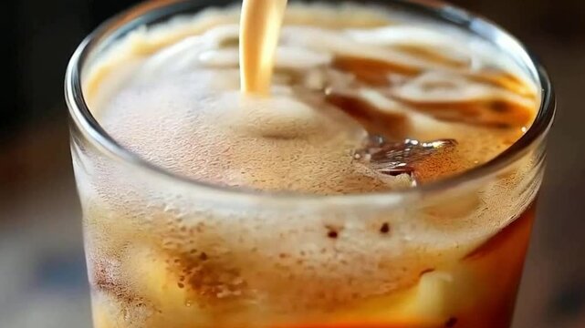 close-up of milk poured into iced coffee creating marble swirl effect with cool texture, milk swirl into iced coffee with side angle shot capturing marble effect and smooth texture