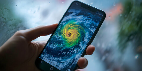 Hurricane tracking app on smartphone, providing real-time monitoring of natural events. 4k high quality image