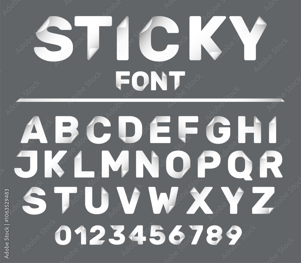 Fototapete curved corners paper font. foil sticker alphabet. peeling abc. white letters and numbers. typography