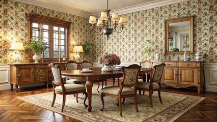 Obraz premium Vintage-inspired dining room with antique furniture and floral wallpaper