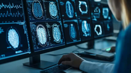 image depicts person analyzing brain scans on multiple computer monitors, showcasing advanced medical technology and research. atmosphere conveys sense of focus and innovation in neuroscience