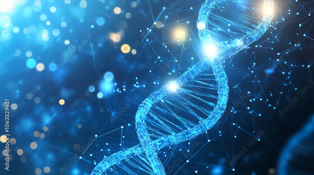 Poster glowing blue dna strand with network connection on a dark blue background with bokeh