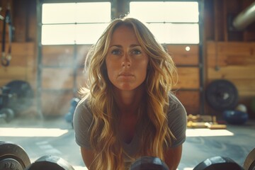 A physically fit woman with long hair is focused and lifting weights in a gym with wooden walls and natural lighting.