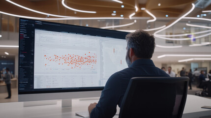 A professional man analyzes data on large screen in modern office environment, showcasing advanced technology and collaboration. atmosphere is dynamic and focused