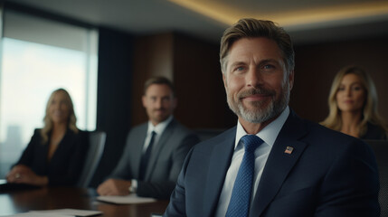 A confident businessman smiles in modern boardroom, surrounded by colleagues. atmosphere is professional and focused, highlighting teamwork and leadership