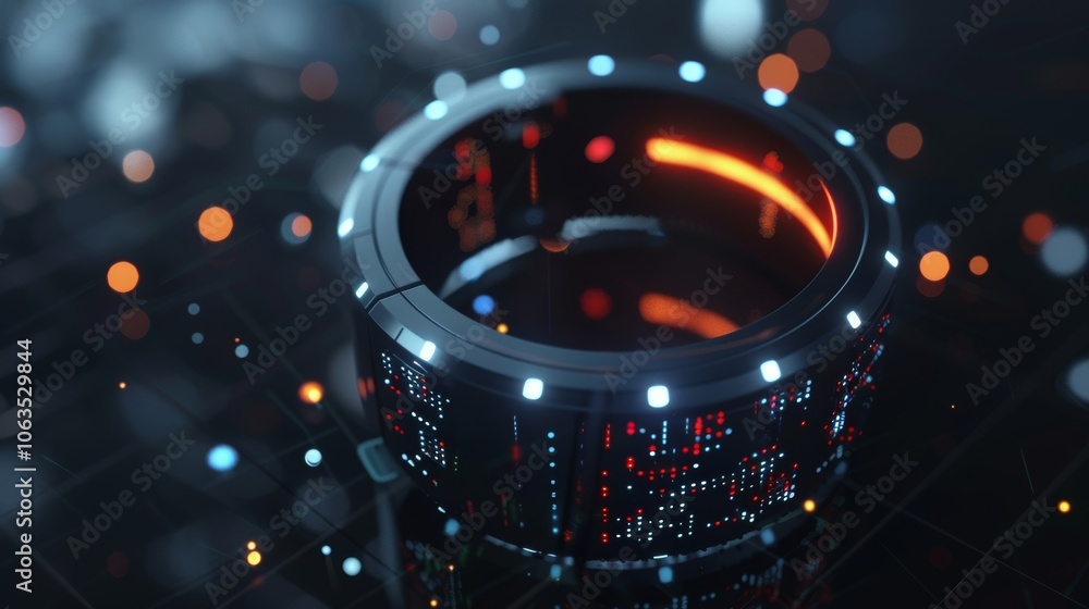 Aufkleber complex circular device displaying intricate data streams and an orange glowing core, suggesting adv