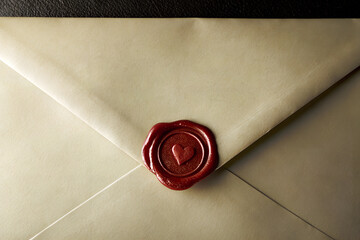 Romantic letter seal on a cream envelope with red wax heart for love and affection