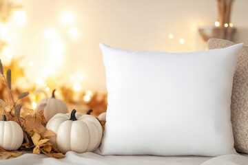White pillow mockup cozy autumn decor pumpkins fall leaves warm lighting home interior decoration soft seasonal background