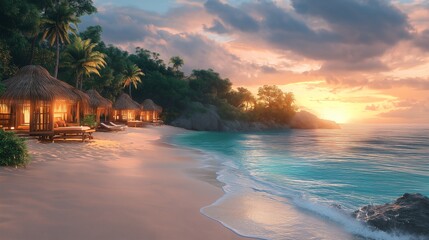 Fototapeta premium Tropical sunset over serene beach with palm trees and huts, warm glowing ambiance.