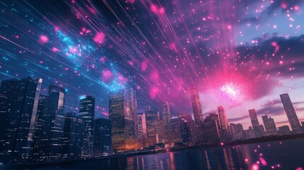 Obraz premium Vibrant city skyline with colorful light trails and dramatic sky.