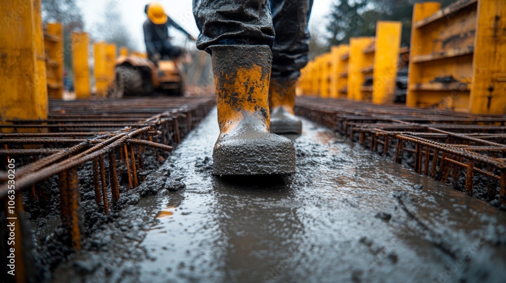 Poster workers in rubber boots are pouring concrete at a construction site surrounded by trees. the scene c