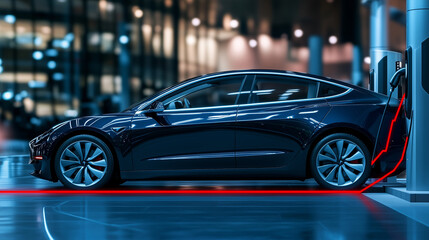Naklejka premium A glossy electric car plugged into a charging station, with a red downward trend line slashing through the image, symbolizing falling sales, on a simple dark blue background.