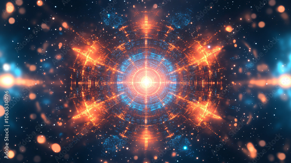 Poster orange and blue abstract circular portal is opening in the space time continuum, with a bright light