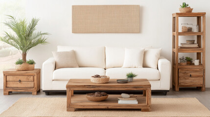 A cozy living room featuring white sofa, wooden furniture, and decorative plants creates warm and inviting atmosphere. natural elements enhance serene ambiance
