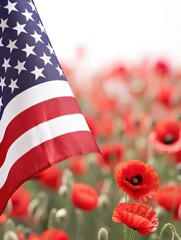 American flag with bright red poppies in a field represents patriotism and remembrance © Anna