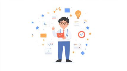 A professional man stands confidently with tablet, surrounded by various icons representing data, communication, and ideas. His expression conveys enthusiasm and readiness for innovation