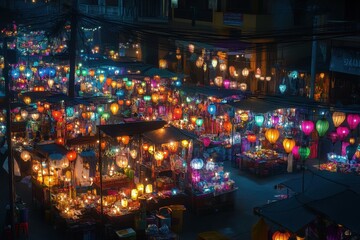 A night market in Thailand with stalls illuminated by bright lanterns in various colors