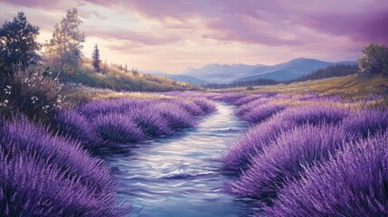 Obraz premium Serene River in Lavender Field