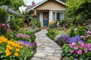 Charming cottage with vibrant front garden pathway in bloom