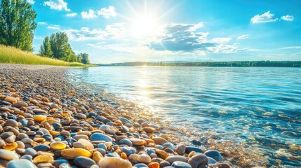 Serene Lakeside View Under Bright Sunny Sky