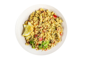 tabbouleh bulgur couscous with vegetables dish fresh delicious vegetarian and vegan food gourmet food background on the table rustic food top view copy space keto and paleo diet