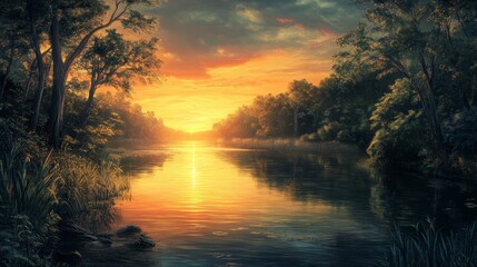 Sunset Over Calm River in Forest