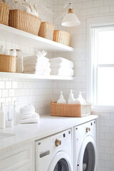Fototapeta premium Bright and organized laundry room featuring white shelves, neatly stacked towels, and woven baskets. clean aesthetic creates calming atmosphere for laundry tasks